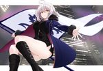  ahoge ass bangs black_dress black_footwear black_vest blue_coat boots bottomless breasts building city coat dress eyebrows_visible_through_hair fate/grand_order fate_(series) feet_out_of_frame flag full-length_zipper fur-trimmed_coat fur_trim holding jeanne_d'arc_(alter)_(fate) jeanne_d'arc_(fate)_(all) jewelry knee_boots large_breasts long_sleeves looking_at_viewer necklace no_pants orange_eyes outstretched_arms parted_lips short_dress short_hair shunichi silver_hair skyscraper smile solo spread_arms vest wicked_dragon_witch_ver._shinjuku_1999 zipper 