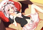  absurdres bangs bat_wings bloomers breasts couch crotchless_bloomers hand_on_own_chest hat hat_ribbon highres indoors leg_up lying mob_cap mu_yan navel on_back pillow pink_eyes purple_hair pussy remilia_scarlet ribbon small_breasts solo spread_legs tareme touhou underwear white_hat wings 