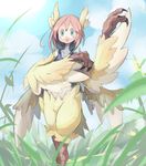  4139 blue_eyes blush claws feathered_wings feathers harpy head_feathers head_wings highres monster_girl open_mouth original pink_hair short_hair solo surprised tank_top winged_arms wings yellow_feathers 