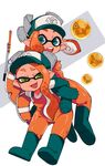  :d :o blue_eyes boots domino_mask elbow_gloves full_body gloves green_eyes half-closed_eyes hat inkling lifebuoy looking_at_viewer mask multiple_girls open_mouth orange_hair overalls pointy_ears rubber_boots rubber_gloves sakurai_energy salmon_run simple_background smile smug splat_charger_(splatoon) splatoon_(series) splatoon_2 teeth tentacle_hair weapon white_background 