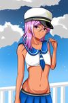  1boy androgynous artist_request blush crossdressing dark_skin male_focus mini_skirt navel purple_hair sailor_collar sailor_hat solo trap y.fuji 