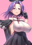  arm_behind_back bare_shoulders black_gloves black_skirt breasts eyebrows eyebrows_visible_through_hair eyelashes funaya_(a2brasd) gloves hair_intakes high-waist_skirt highres kantai_collection large_breasts mechanical_halo palms parted_lips pink_background pink_lips pleated_skirt purple_eyes purple_hair raised_eyebrows red_ribbon remodel_(kantai_collection) ribbon shiny shiny_hair shirt short_hair simple_background skirt sleeveless sleeveless_shirt smile solo tatsuta_(kantai_collection) taut_clothes upper_body white_shirt wind 