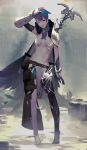  1girl armor bandage belt blue_hair bracelet cape elbow_gloves fur_trim gauntlets geolim gloves hand_on_own_head jewelry medium_hair mismatched_legwear one_eye_closed original pauldrons pouch red_eyes scabbard sheath smile staff standing tantou thighhighs weapon weapon_on_back 