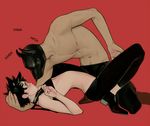  arched_back black_hair commentary dog_mask male_focus mask multiple_boys navel nipples one_knee original red_background russian shirtless translated ulrik yaoi 