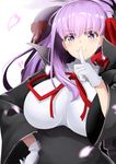  bb_(fate)_(all) bb_(fate/extra_ccc) breasts commentary_request fate/extra fate/extra_ccc fate/grand_order fate_(series) gloves hair_between_eyes hair_ribbon highres large_breasts long_hair long_sleeves ninoude_(ninoude44) petals purple_eyes purple_hair ribbon smile solo very_long_hair white_gloves wide_sleeves 