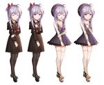  :d ahoge bad_id bad_pixiv_id belt black_footwear black_hat black_legwear black_skirt bow frown hair_bow hand_on_own_chest hat highres holding_own_arm looking_at_viewer multiple_views open_mouth pantyhose purple_hair red_bow red_eyes school_uniform seolryun shoes skirt smile sneakers standing thighhighs white_legwear 