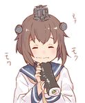  :t blue_sailor_collar blush brown_hair closed_eyes closed_mouth commentary_request eating ehoumaki facing_viewer food food_on_face happy headgear holding holding_food kantai_collection keemu_(occhoko-cho) long_sleeves makizushi neckerchief sailor_collar school_uniform serafuku short_hair simple_background smile solo sushi white_background yellow_neckwear yukikaze_(kantai_collection) 
