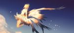  bird blue_sky brown_hair cardcaptor_sakura clare_(543) closed_eyes closed_mouth cloud crown dress gloves gradient gradient_background highres kinomoto_sakura short_hair sky solo white_dress wings 