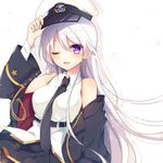  azur_lane bangs bare_shoulders between_breasts black_coat black_neckwear black_skirt blush breasts collared_shirt commentary cowboy_shot detached_sleeves enterprise_(azur_lane) eyebrows_visible_through_hair eyelashes fingernails floating_hair hair_between_eyes hand_on_headwear hat highres long_hair looking_at_viewer miniskirt necktie necktie_between_breasts off_shoulder one_eye_closed peaked_cap pleated_skirt purple_eyes shirt silver_hair skirt sleeveless sleeveless_shirt solo sparkle underbust very_long_hair white_shirt ytuorvi 