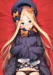  abigail_williams_(fate/grand_order) bangs bed_sheet black_bow black_dress black_hat black_panties blonde_hair blue_eyes blush bow bug butterfly closed_mouth dakimakura dress dress_lift fate/grand_order fate_(series) furisuku hair_bow hat head_tilt insect lifted_by_self long_hair long_sleeves looking_at_viewer lying on_back orange_bow panties parted_bangs polka_dot polka_dot_bow sleeves_past_fingers sleeves_past_wrists solo underwear very_long_hair 