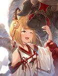  ;d animal_ears bare_shoulders blonde_hair blush braid brown_eyes closed_eyes closed_mouth collarbone dog dog_ears garjana granblue_fantasy hana_mori highres one_eye_closed open_mouth rope shimenawa short_hair smile vajra_(granblue_fantasy) white_background 