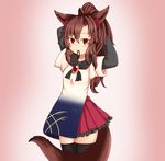  adapted_costume adjusting_hair bad_id bad_pixiv_id brown_hair commentary_request frilled_skirt frills haruirokomici imaizumi_kagerou long_hair long_sleeves moon_print mouth_hold red_eyes shirt short_sleeves skirt speech_bubble tail thighhighs touhou tying_hair wheat_print wolf_tail zettai_ryouiki 
