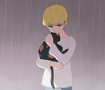  1boy asuka_ryou blonde_hair blue_eyes cat child devilman devilman_crybaby eyebrows imjayu pants rain shirt short_hair white_shirt 