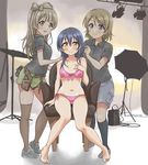  arm_support bangs barefoot bikini black_shirt blue_hair blush closed_mouth commentary_request front-tie_bikini front-tie_top grey_hair hair_between_eyes hairdressing hand_on_another's_shoulder koizumi_hanayo long_hair looking_at_viewer love_live! love_live!_school_idol_project midriff minami_kotori multiple_girls navel one_side_up open_mouth photo_shoot pink_bikini polo_shirt purple_eyes shirt short_sleeves side-tie_bikini sitting sonoda_umi standing swimsuit tetopetesone thighhighs yellow_eyes 