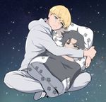  2boys asuka_ryou black_hair black_shirt blonde_hair blue_eyes crying dakimakura devilman devilman_crybaby duo eyebrows fudou_akira imjayu multiple_boys pants shirt shoes short_hair 