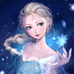  ao+beni blonde_hair blue_eyes braid disney elsa_(frozen) frozen_(disney) hair_over_shoulder long_hair parted_lips single_braid snowflakes solo 