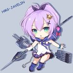  anchor azur_lane bad_id bad_pixiv_id bangs blue_footwear blush boots bracelet camisole cannon chain character_name chibi crown eyebrows_visible_through_hair full_body gloves green_eyes grey_background hair_between_eyes highres holding holding_weapon javelin javelin_(azur_lane) jewelry kyuujou_komachi looking_at_viewer mini_crown object_namesake parted_lips plaid plaid_skirt purple_hair purple_skirt simple_background single_glove skirt solo torpedo turret weapon white_camisole white_gloves 