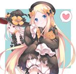  abigail_williams_(fate/grand_order) bangs black_bow black_dress black_hat blonde_hair bloomers blue_eyes blush bow bug butterfly cai_li closed_mouth commentary_request dress dual_persona eyebrows_visible_through_hair fate/grand_order fate_(series) hair_bow hat hat_bow heart insect long_hair long_sleeves looking_at_viewer looking_to_the_side multiple_girls object_hug orange_bow pale_skin parted_bangs polka_dot polka_dot_bow polka_dot_hat red_eyes revealing_clothes sleeves_past_fingers sleeves_past_wrists smile spoken_heart stuffed_animal stuffed_toy teddy_bear underwear very_long_hair white_bloomers white_hair witch_hat 