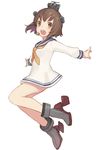  :d ankle_boots bangs blue_sailor_collar blush boots brown_eyes brown_hair commentary_request dress eyebrows_visible_through_hair full_body grey_footwear headgear high_heel_boots high_heels jumping kantai_collection keemu_(occhoko-cho) long_sleeves looking_at_viewer neckerchief open_mouth sailor_collar sailor_dress short_hair simple_background smile solo speaking_tube_headset white_background yellow_neckwear yukikaze_(kantai_collection) 