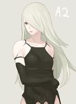  black_bodysuit bodysuit breasts character_name commentary_request elbow_gloves gloves grey_background grey_eyes keemu_(occhoko-cho) large_breasts long_hair nier_(series) nier_automata parted_lips silver_hair simple_background solo standing upper_body yorha_type_a_no._2 