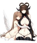  :| angel_and_devil angel_wings bangs bare_shoulders black_gloves black_legwear black_sclera blue_eyes blunt_bangs blush breasts breasts_apart brown_hair closed_mouth commentary demon_girl demon_horns elbow_gloves english_commentary expressionless eyebrows_visible_through_hair eyelashes eyes eyes_visible_through_hair feathered_wings fingerless_gloves forehead_jewel gloves gold_trim groin hair_intakes hair_rings halter_top halterneck height_difference hime_cut horns hug large_breasts long_hair looking_at_viewer messy_hair multiple_girls multiple_horns navel original pout ribs shiny shiny_clothes sideboob simple_background sitting sketch skindentation slit_pupils small_breasts stomach terupancake thick_thighs thigh_gap thighhighs thighs twitter_username underboob very_long_hair white_background white_gloves white_legwear wide_hips wings yellow_eyes 