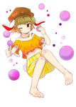  animal_ears bare_legs bare_shoulders barefoot blonde_hair brown_hat bunny_ears closed_mouth dango eating food full_body hat holding jewelry looking_at_viewer midriff necklace one_eye_closed orange_shirt pearl_necklace puuakachan red_eyes ringo_(touhou) shirt short_sleeves shorts smile solo touhou wagashi yellow_shorts 