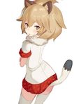  :o animal_ears big_hair blonde_hair blush commentary_request cowboy_shot crossed_arms eyebrows_visible_through_hair from_behind fur_collar keemu_(occhoko-cho) kemono_friends lion_(kemono_friends) lion_ears lion_tail looking_at_viewer looking_back pleated_skirt red_skirt short_sleeves simple_background skirt solo standing tail tail_raised thighhighs white_background white_legwear yellow_eyes 