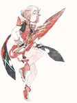  breasts covered_navel earrings fingerless_gloves gloves hair_ornament highres homura_(xenoblade_2) jewelry looking_at_viewer miusa red_eyes red_hair short_hair shorts sidelocks simple_background solo sword tiara weapon white_background xenoblade_(series) xenoblade_2 