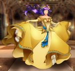  bare_shoulders belt blue_ribbon blurry blurry_background bow bridal_gauntlets closed_eyes closed_mouth dancing dress faris_scherwiz final_fantasy final_fantasy_v floating_hair full_body gown hair_bow high_ponytail highres long_hair motion_blur outstretched_arms ponytail princess princesssarisa purple_hair ribbon sarisa_highwind_tycoon solo spread_arms very_long_hair yellow_bow yellow_dress 