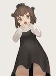  :o black_dress blush brown_eyes brown_hair commentary_request dress from_below grey_background grey_sweater headgear kantai_collection keemu_(occhoko-cho) long_sleeves looking_at_viewer looking_down round_teeth short_dress simple_background solo sweater teeth yukikaze_(kantai_collection) 