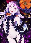  :d abigail_williams_(fate/grand_order) absurdres assa_2 bangs black_bow black_gloves black_hat black_panties bow breasts commentary_request elbow_gloves fangs fate/grand_order fate_(series) gloves glowing hat hat_bow head_tilt highres key long_hair looking_at_viewer navel open_mouth orange_bow pale_skin panties parted_bangs print_bow purple_eyes revealing_clothes skull_print small_breasts smile solo star star_print topless underwear very_long_hair white_hair witch_hat 