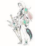  armor blonde_hair breasts cleavage dress gloves highres hikari_(xenoblade_2) large_breasts long_hair looking_at_viewer miusa simple_background solo sword weapon white_background xenoblade_(series) xenoblade_2 yellow_eyes 