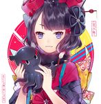  animal bad_id bad_pixiv_id bangs black_hair black_kimono blunt_bangs bow calligraphy_brush checkered checkered_bow eyebrows_visible_through_hair fate/grand_order fate_(series) fingernails hair_ornament highres holding holding_animal ichinosenen japanese_clothes katsushika_hokusai_(fate/grand_order) kimono looking_at_viewer obi octopus paintbrush parted_lips purple_eyes sash short_hair smile solo tokitarou_(fate/grand_order) translation_request upper_body v-shaped_eyebrows white_background yellow_bow 