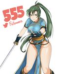 breasts dress fingerless_gloves fire_emblem fire_emblem:_rekka_no_ken fire_emblem_heroes gloves green_eyes green_hair high_ponytail highres j@ck large_breasts long_hair looking_at_viewer lyndis_(fire_emblem) ponytail side_slit simple_background solo sword thighs weapon white_background 