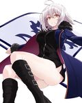  ahoge ass bangs black_footwear black_vest boots bottomless breasts coat eyebrows_visible_through_hair fate/grand_order fate_(series) feet_out_of_frame flag fur_trim highres holding jeanne_d'arc_(alter)_(fate) jeanne_d'arc_(fate)_(all) jewelry large_breasts long_sleeves looking_at_viewer necklace no_pants orange_eyes outstretched_arms parted_lips short_hair shunichi silver_hair simple_background smile solo spread_arms vest white_background wicked_dragon_witch_ver._shinjuku_1999 