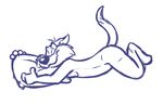  4_fingers anthro arched_back ass_up cat cheek_tuft ears_back eyebrows eyes_closed featureless_feet feline full-length_portrait head_tuft holding_pillow line_art looney_tunes lying male mammal monochrome nude on_front pillow portrait purple_and_white raised_tail rotten_robbie side_view sketch smile solo sylvester tuft warner_brothers 