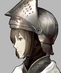  armor brown_hair closed_mouth commentary face from_side grey_background grey_eyes keemu_(occhoko-cho) original profile short_hair simple_background solo visor_(armor) visor_lift 