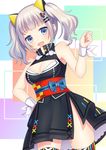  blue_eyes blush breasts cleavage d-pad d-pad_hair_ornament eyebrows_visible_through_hair grey_hair hair_ornament highres kaguya_luna kaguya_luna_(character) large_breasts looking_at_viewer open_mouth short_hair short_twintails sleeveless smile solo thighhighs twintails virtual_youtuber yamayu 