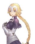 :d bangs blonde_hair blue_eyes braid breasts capelet check_commentary commentary_request eyebrows_visible_through_hair fate/apocrypha fate_(series) from_side gauntlets headpiece jeanne_d'arc_(fate) jeanne_d'arc_(fate)_(all) keemu_(occhoko-cho) large_breasts long_hair looking_at_viewer looking_to_the_side open_mouth plate_armor simple_background single_braid smile solo standing upper_body very_long_hair white_background 