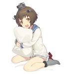  :d ankle_boots bangs blue_sailor_collar blush boots brown_eyes brown_hair commentary_request dress full_body grey_footwear headgear high_heel_boots high_heels kantai_collection keemu_(occhoko-cho) long_sleeves looking_at_viewer neckerchief open_mouth pillow pillow_hug round_teeth sailor_collar sailor_dress short_hair simple_background sitting smile solo teeth white_background yellow_neckwear yukikaze_(kantai_collection) 
