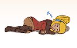  blonde_hair boots closed_eyes commentary culottes flat_color full_body half_updo headphones jacket joakim_sandberg lying on_side pantyhose robin_(the_iconoclasts) sketch sleeping solo the_iconoclasts thick_eyebrows zzz 