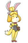  2017 4_fingers animal_crossing bishopbb bow_tie breasts bunny_costume bunny_ears_(disambiguation) canine cat_ears_(disambiguation) choker cleavage clothed clothing costume digital_media_(artwork) dog eyes_closed female footwear fur high_heels isabelle_(animal_crossing) mammal nintendo pose shoes simple_background solo standing video_games white_background yellow_fur 