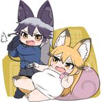  barefoot bow bowtie bread breasts cleavage commentary controller covering ezo_red_fox_(kemono_friends) fat food fox_ears fox_tail fur-trimmed_sleeves fur_collar fur_trim game_controller gamepad gloves japari_bun japari_symbol kemono_friends kuro_(kurojill) multicolored_hair multiple_girls open_mouth pillow silver_fox_(kemono_friends) sitting small_breasts super_famicom_gamepad tail towel 