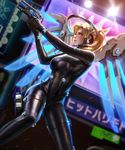 aiming artist_name ass_visible_through_thighs backlighting blonde_hair blue_eyes blue_wings blurry blurry_background bodysuit breasts closed_mouth crossover depth_of_field earrings embers feet_out_of_frame gantz gantz_suit glowing gun halo high_ponytail holding holding_gun holding_weapon holster jewelry legs_apart lens_flare liang_xing lips looking_to_the_side mechanical_halo mechanical_wings medium_breasts mercy_(overwatch) neon_lights overwatch patreon_username pink_lips ponytail profile screen serious shiny shiny_clothes solo spread_wings standing thigh_holster watermark weapon web_address wings 