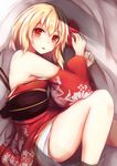  bangs bare_legs bare_shoulders blonde_hair commentary_request fang flandre_scarlet floral_print hair_ribbon highres japanese_clothes kashiwagi_yamine kimono looking_at_viewer lying obi off_shoulder on_side open_mouth red_eyes red_kimono ribbon sash smile solo touhou wide_sleeves wings 