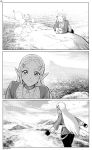  1girl 3koma climbing comic fingerless_gloves gameplay_mechanics gloves grass greyscale hair_ornament hairclip highres long_hair monochrome nintendo ocean open_mouth ouya_(maboroshimori) pants pointy_ears princess_zelda shirt sidelocks solo sparkle sweatdrop the_legend_of_zelda the_legend_of_zelda:_breath_of_the_wild thick_eyebrows twitter_username walking 