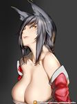  ahri animal_ears bare_shoulders black_background black_hair breasts cleavage closed_mouth detached_sleeves eyelashes facial_mark fox_ears highres huge_breasts kumiko_shiba league_of_legends licking_lips long_hair looking_at_viewer low_neckline patreon_logo patreon_username simple_background slit_pupils solo tongue tongue_out upper_body watermark web_address whisker_markings yellow_eyes 