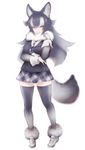  animal_ears blue_eyes blue_hair blue_jacket blue_legwear breast_pocket breasts closed_mouth eyebrows eyebrows_visible_through_hair eyelashes full_body fur_collar gloves grey_wolf_(kemono_friends) heterochromia ise_(0425) jacket kemono_friends large_breasts legs_apart long_hair long_sleeves looking_at_viewer miniskirt multicolored multicolored_clothes multicolored_hair multicolored_legwear plaid plaid_neckwear plaid_skirt pleated_skirt pocket shoes simple_background skirt sleeve_cuffs smile solo standing tail thighhighs tsurime two-tone_hair white_background white_footwear white_gloves white_hair wolf_ears wolf_girl wolf_tail yellow_eyes zettai_ryouiki 