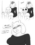  2018 angry animated_skeleton anthro blush bone breasts caprine comic digital_media_(artwork) duo english_text female goat inuyuru larger_female male mammal mature_female monochrome sans_(undertale) size_difference skeleton smile sweat text toriel tsundere undead undertale video_games 