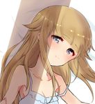  armpits bangs bare_shoulders bed_sheet blonde_hair blue_camisole blue_eyes blush breasts camisole cleavage closed_mouth collarbone eyebrows_visible_through_hair hair_flaps long_hair looking_at_viewer lying on_side princess_(princess_principal) princess_principal small_breasts smile solo sorimachi-doufu strap_slip sweat very_long_hair 